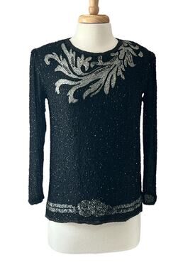 SHOMAX Women's M Silk Black Silver Heavy Beaded Evening Wear Top Holiday Glam